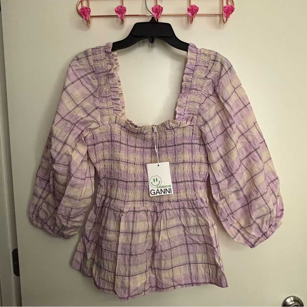 NWT Ganni Smocked Seersucker Plaid Top Ballon Sleeves Purple Pink Poplin us 8/10